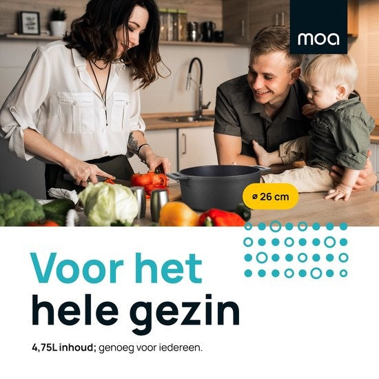 MOA Gietijzeren Braadpan - Inhoud 4,75 liter - 26CM - Rond - Alle warmtebronnen - Ook voor inductie - Gewicht 5,8 kg - Zwart - MOAMC26B