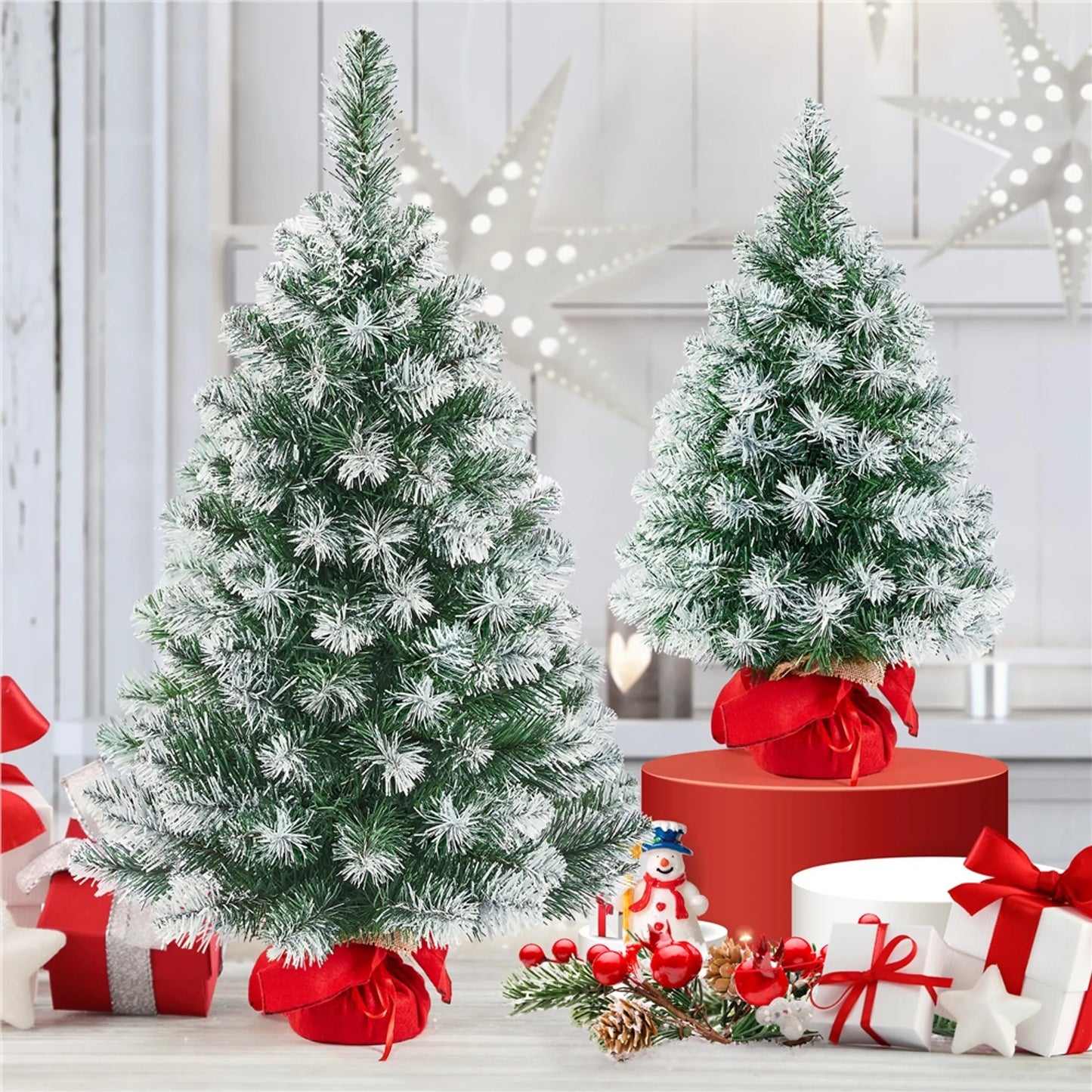 Yaheetech Tafelkerstboom - Sneeuw – 48 x 48 x 90 cm – 96 Takken - Betonnen Voet  – Groen