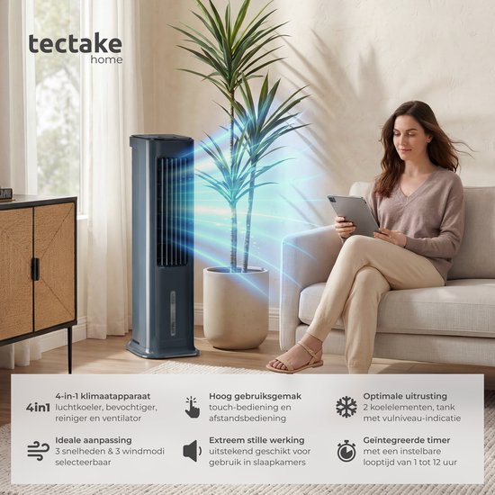 tectake® 4-in-1 Luchtkoeler Alaska - 5L Watertank - 3 Standen - Aircooler - Airco met Zwenkfunctie - Timer - Afstandsbediening - Koelelementen - Luchtbevochtiger - Ventilator - Luchtreiniger - Antraciet