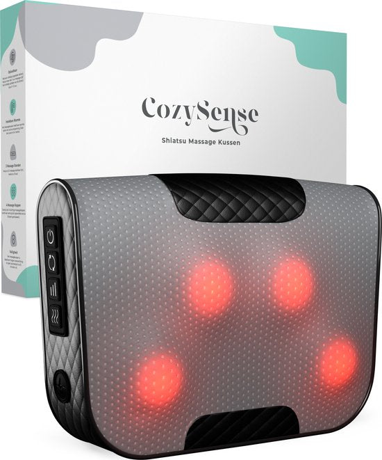 CozySense® Shiatsu Massagekussen - Elektrisch & Draadloos Massage Apparaat voor Nek en Rug - Warmtefunctie - Oplaadbaar - Ergonomisch - Zwart