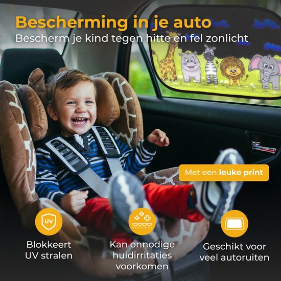 Nuvance Zonnescherm Auto - 2 Stuks - met UV Protectie voor Baby en Kind - Zonwering Zijruiten - Zelfklevend - One Size - Dieren