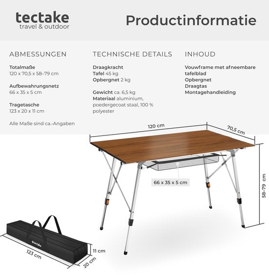 tectake® Campingtafel - 120 x 70,5 x 58 - 79 cm - Klaptafel van Aluminium - Oprolbaar xxl-tafelblad - Vouwtafel - Reistafel - Tuintafel - Weerbestendig - In hoogte verstelbaar - Draagtas - Inklapbaar - Houtlook