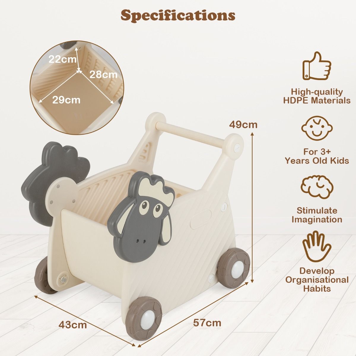 Coast Schaap Loopwagen voor Kinderen - 2-in-1 Opbergwagen en Looprek - 18 Liter - Beige en Grijs