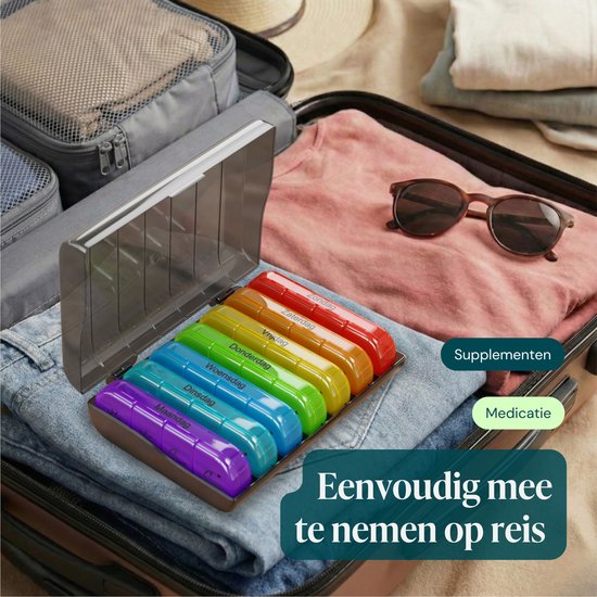 Gandria Pillendoos 7 Dagen - Uitneembaar Pillendoosje - Medicijndoos met 28 Compartimenten - Medicijndoos met Stevige Sluiting - 4 Vakken per Dag - 7 Kleuren
