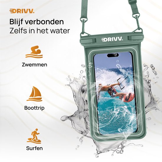Drivv. Luxe Waterdicht Telefoonhoesje – Drijvend - Dubbele Klipsluiting - Telefoons tot 6.8 inch – Onderwater Hoesje Telefoon - Legergroen