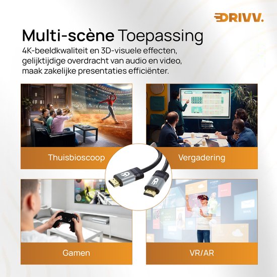 Drivv. Premium HDMI Kabel 2.0 - Ultra HD 4K 60Hz - HDMI naar HDMI - Geschikt voor gameconsoles - 10 meter - PVC - Grijs