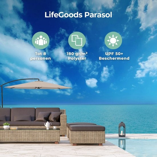 LifeGoods Zweefparasol - Ø300cm - Waterdicht - Geschikt voor Tot 8 Personen - Taupe - Inclusief Hoes