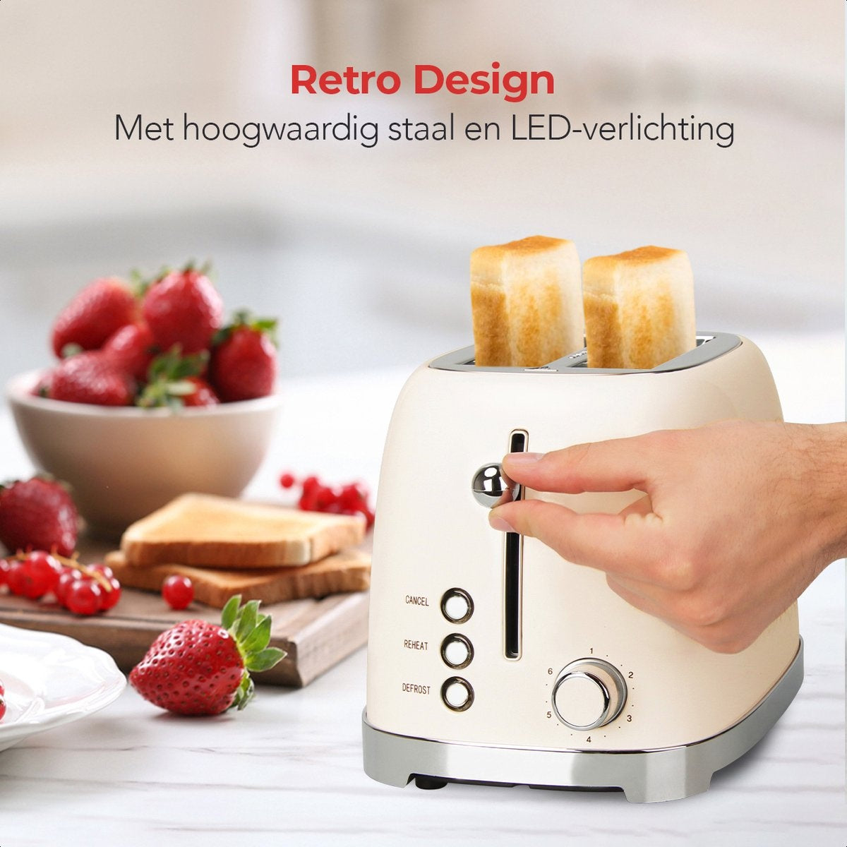 KitchenBrothers Retro Broodrooster - Toaster - 6 Warmteniveaus - 2 Extra Brede Sleuven - 815W - Beige