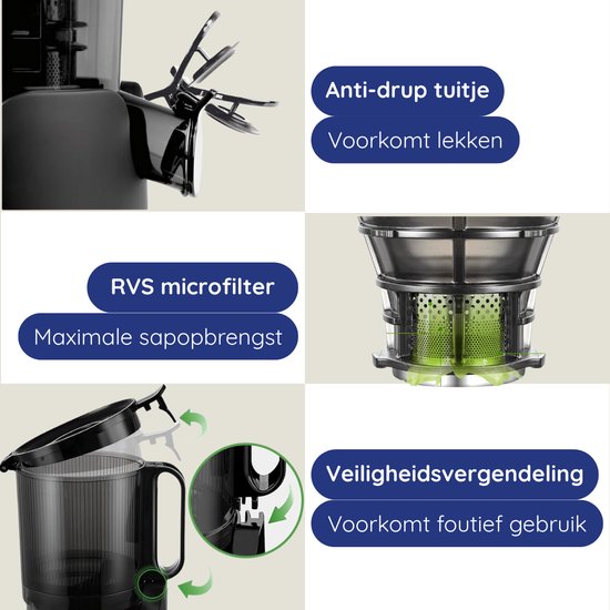 Safecourt Kitchen Sapcentrifuge - Slowjuicer voor Groenten & Fruit - XXL Vulopening - Krachtige motor - Zwart