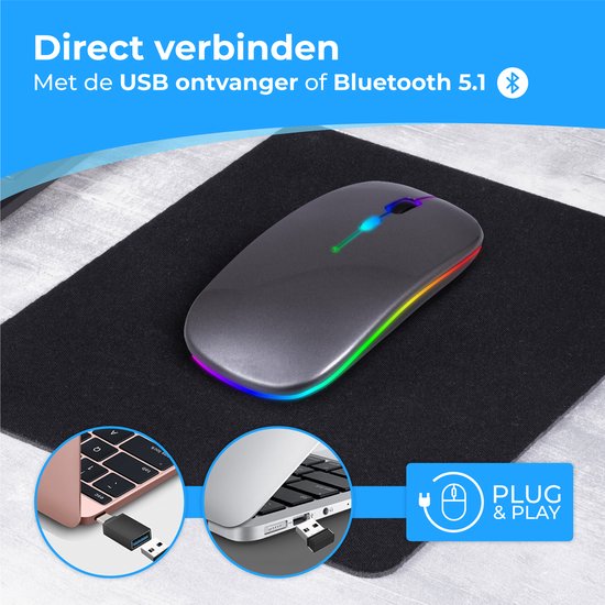 Nuvance - Draadloze Muis LED - Bluetooth - Ergonomisch - Laptop en gaming - Draadloos - Grijs