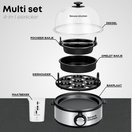 Savoré Kitchen 4-in-1 Eierkoker 7 Eieren - Bakplaat met antiaanbaklaag - Electrisch -Eierkokers met Timer