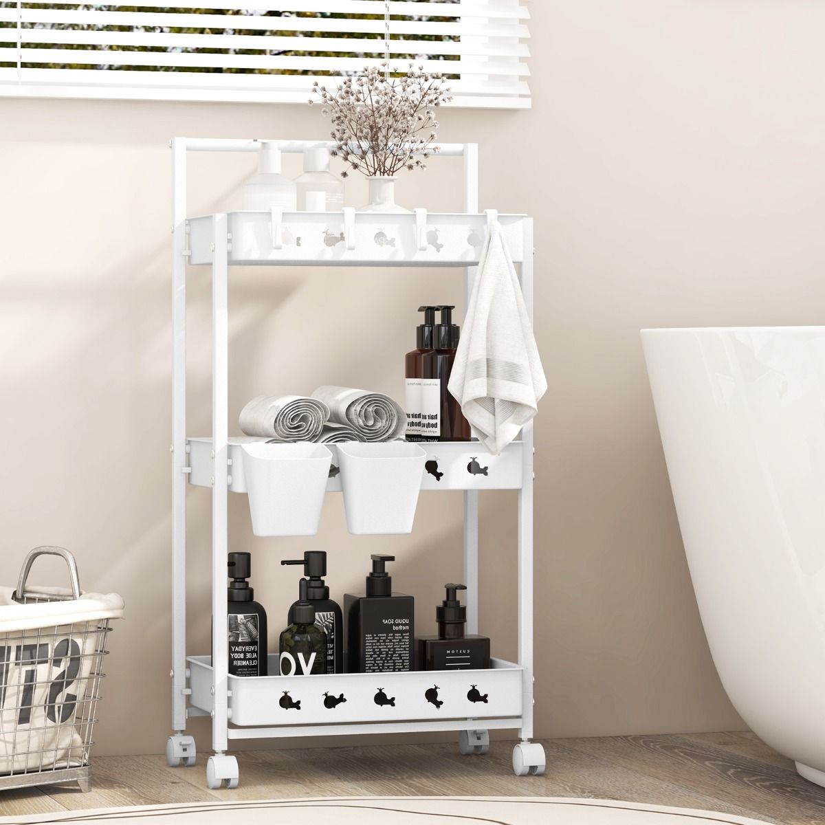 Coast Opbergwagen - 3 niveaus - met haken en bekers - wit 42 x 29 x 83 cm