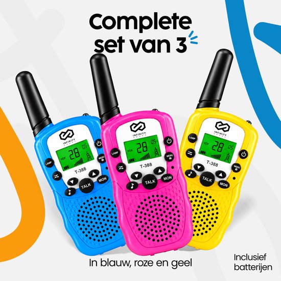 Infinity Goods Walkie Talkie - Voor Kinderen En Volwassenen - 3 Stuks - Incl. Batterijen - 3KM Bereik - Blauw, Roze & Geel