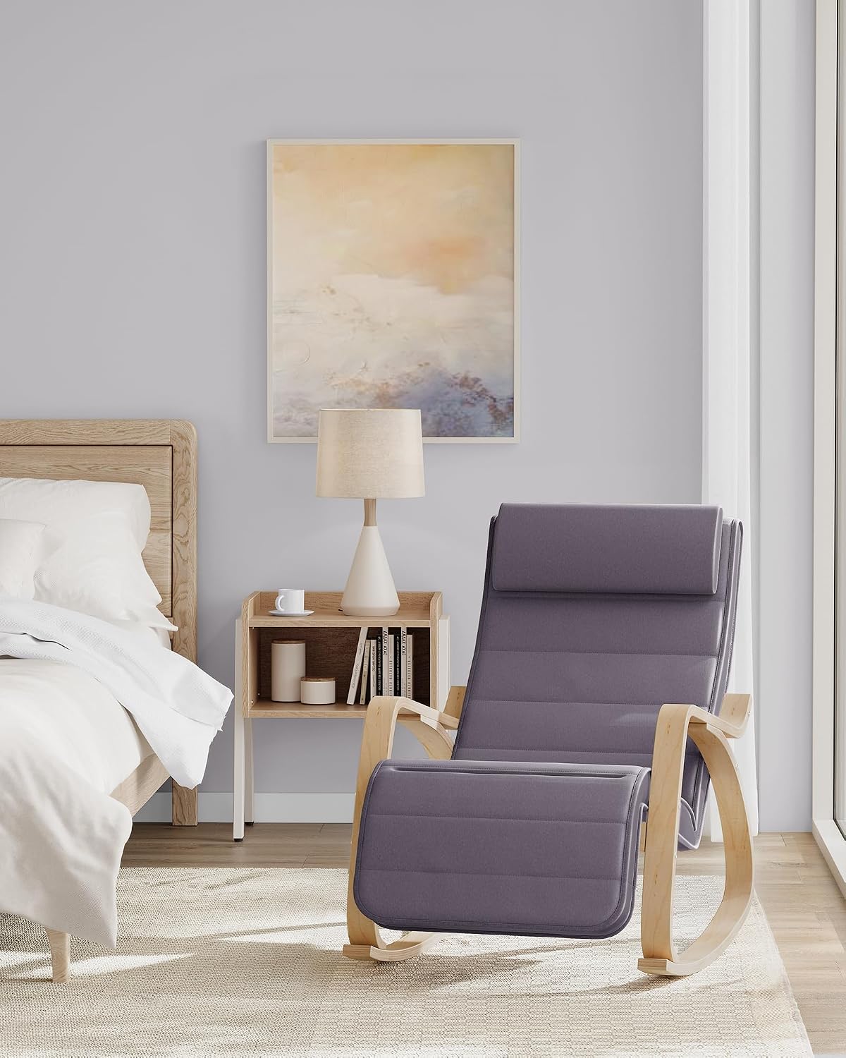Songmics Schommelstoel - Berkenhout - 5-voudig Verstelbare Voetensteun - 121,5 x 67 x 84 cm - Grijs/Beige