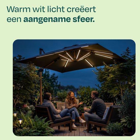 VONROC LED Parasolverlichting - 15 lichtstrips - warm wit - voor VONROC zweefparasols Bardolino en Pisogne of baleinen vanaf 69 cm - oplaadbare 2600 mAh accu – (parasol niet inbegrepen)
