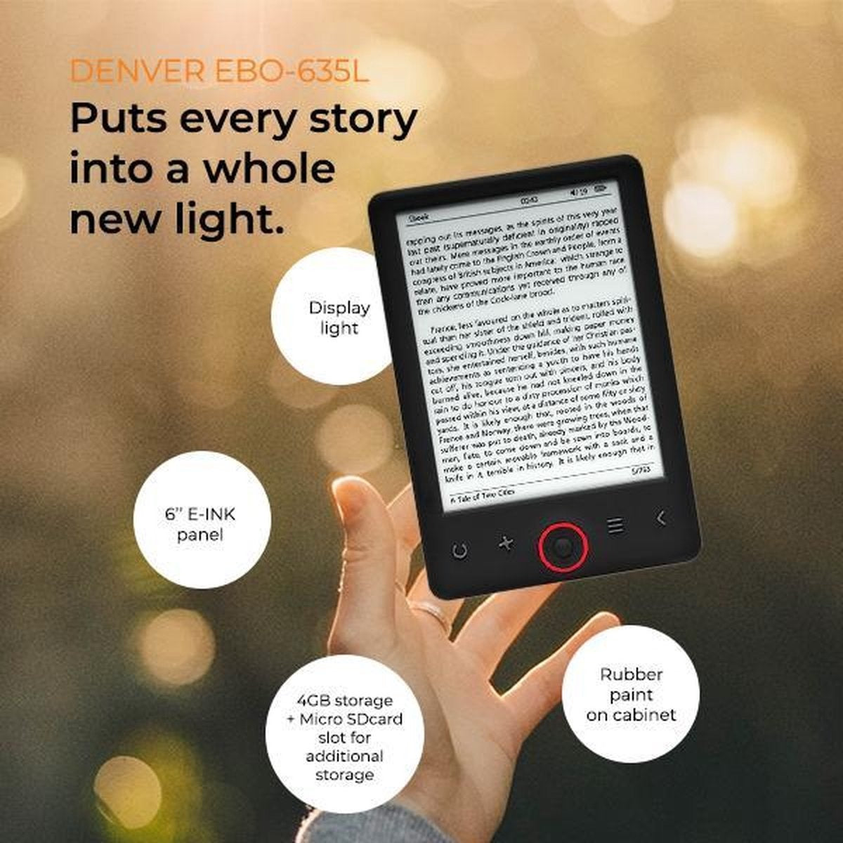 Denver E Reader 6 inch - Display Verlichting - E book Reader - E Ink - Ondersteuning tot 32GB - EBO635L - Zwart
