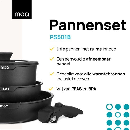 MOA Pannenset - 5 delig - Alle warmtebronnen - PFAS vrij - Anti aanbaklaag - Pannenset Inductie - Aluminium - Afneembare hendel - Zwart - PS501B