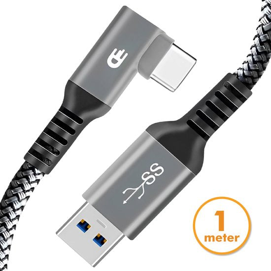 Drivv. USB naar USB C Kabel - Haaks - 2024 Model - USB C Data en oplaadkabel - Fast Charge / Snellader - 1 Meter Kort - Geschikt voor Samsung, iPhone 15 en Meer - Grijs