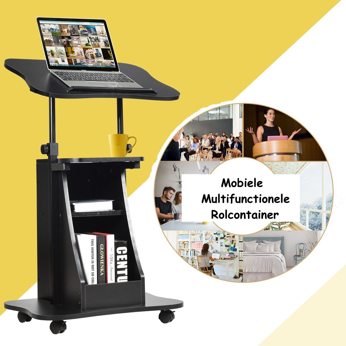 Coast Laptoptrolley - in hoogte verstelbaar - kantelbaar bureaublad - met opbergruimte - zwart