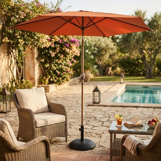 AXI Noor Stokparasol Ø 300cm Eikenlook/terracotta – Gepoedercoat frame - Kantelbaar