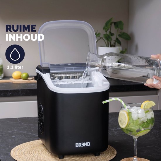 BREND BR-2213 IJsblokjesmachine met Schep en Lekbak - Grote L of Kleine S Ijsklontjes - Draagbare IJsblokjesmaker – 10 kg in 24 uur - Zwart