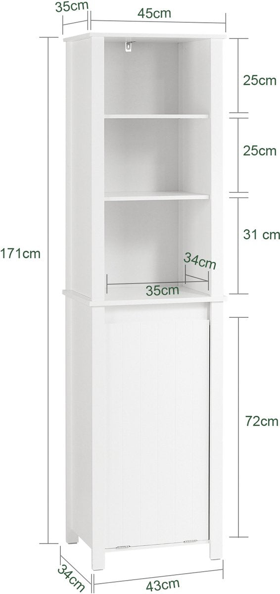 SoBuy Badkamer Kolomkast - Hoge Kast - 3 planken - 1 kantelbare wasmand -  45 x 35 x 171 cm - Wit