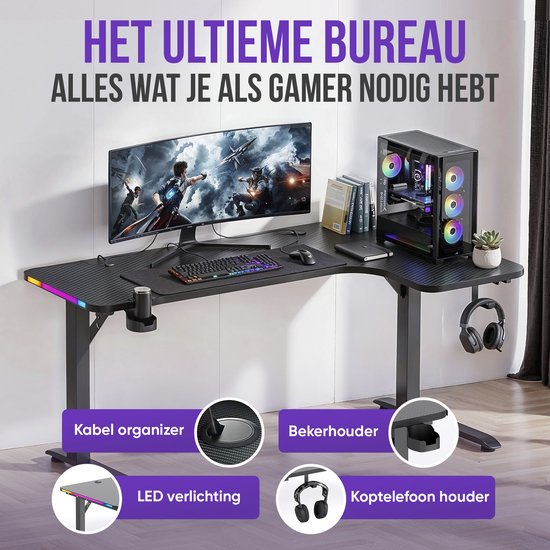 Avalo Gaming Bureau - 160x100x75 CM - L Vormig Hoekbureau - Game Desk Met LED Verlichting - Tafel - Zwart - Hoek Rechts