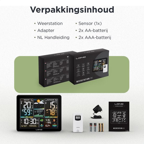 LONQ Weerstation Binnen en Buiten Q5 - Incl. Batterijen - Draadloos Weerstation met Buitensensor - Thermometer Hygrometer - Kleurendisplay - DCF Gestuurde Klok