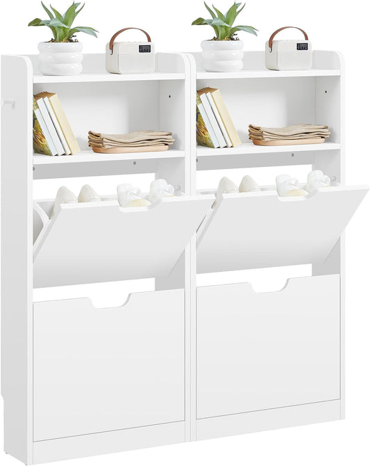 Yaheetech Schoenenkast met 4 Klapdeuren - Smal Schoenenrek met Open Vakken - 100 x 17 x 108,5 cm - Wit