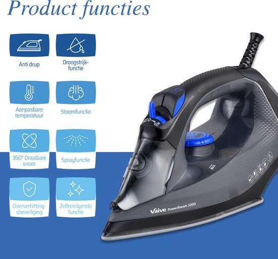 Vaive PowerSteam 2200 Strijkijzer - Stoomstrijkijzer – Iron - stoomstrijkijzers - 2200W – 350 ML Watertank - Stoomstootfunctie