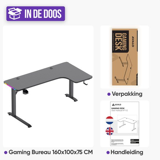 Avalo Gaming Bureau - 160x100x75 CM - L Vormig Hoekbureau - Game Desk Met LED Verlichting - Tafel - Zwart - Hoek Rechts