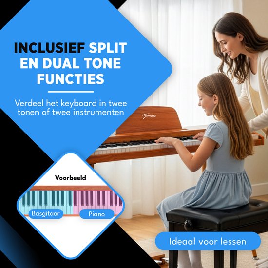 Finesse Digitale Piano - 88 Gewogen Toetsen - met Pedalen & Kruk - Keyboard Piano - Elektrische Piano - Volwassene & Kind
