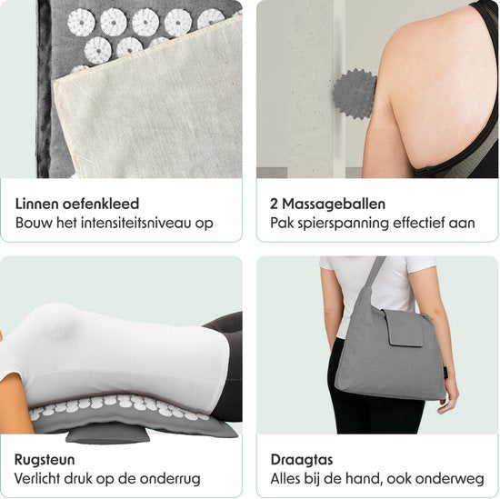 LifeGoods Acupressuur Mat Eco - Complete Set - Kussen / Draagtas / 2x Triggerpoint Bal - Shakti mat - Spijkermat - 72x43x2cm - Grijs/Wit
