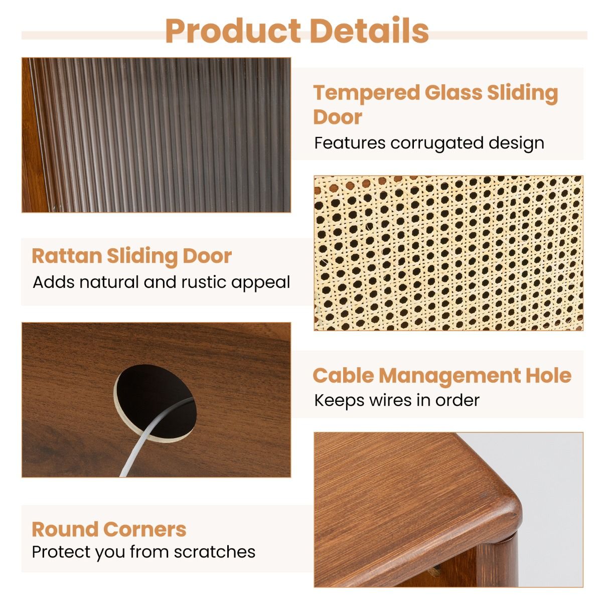 Coast TV-meubel - bamboe met rieten en glazen schuifdeur - verstelbare plank - bruin - 120,5 x 31 x 45,5 cm