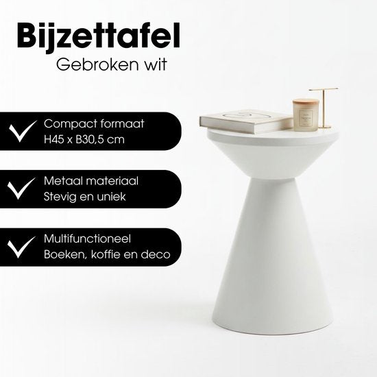 Mica Decorations Jim Bijzettafel - Bijzettafel Rond H45 x Ø31 cm - Ijzeren Tafeltje voor Woonkamer of Slaapkamer - Plantentafeltje - Nachtkastje Industrieel - Off White
