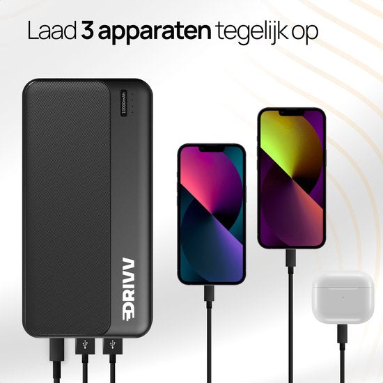Drivv. Powerbank 10.000 mAh - 22.5W snellader - Fast Charge USB 3.0 - USB C - Geschikt voor Samsung / iPhone / meer - Zwart