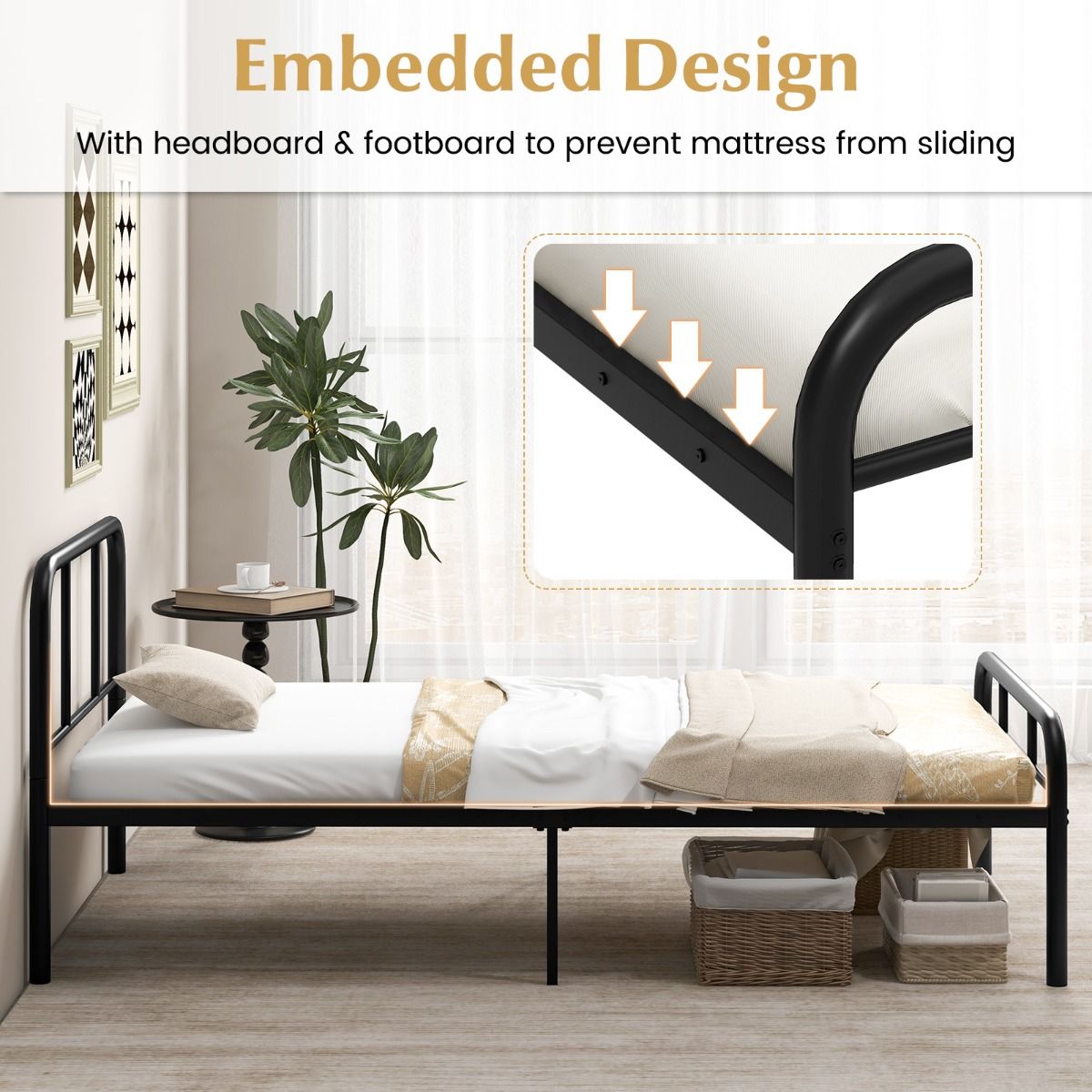 Coast Eenpersoonsbed - Metalen bedframe - Hoofd- en voeteneinde - 90 x 200 cm - Zwart