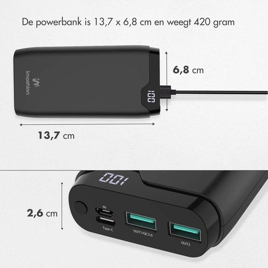 imoshion Powerbank 20000 mAh - Snellader 22.5W - LED-indicator - USB-C & USB-A - Universele Powerbank geschikt voor o.a. iOS/Android - Noodpakket - Zwart