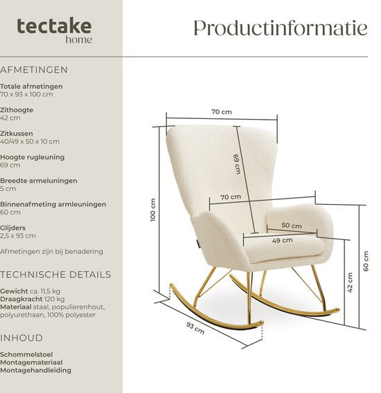 tectake® Swing Schommelstoel – Gestoffeerde Bouclé Fauteuil met Stalen Glijders en Extra Dik Zitkussen – Scandinavisch Design, Onderhoudsvriendelijk en Ergonomisch – creme/goud