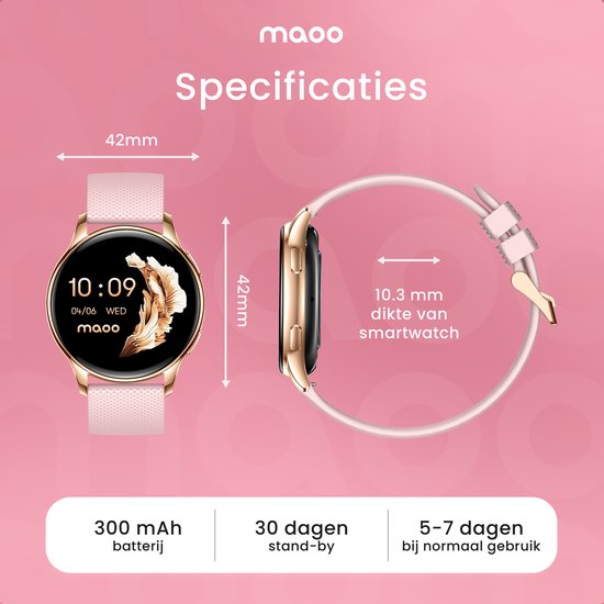 Maoo Ventura AMOLED Smartwatch Dames – RVS & 4 Siliconen Bandjes – Stappenteller, Hartslagmeter, Slaapmonitor, Multisport, Notificaties, Bellen, GPS, Android & iOS – Rosé Goud & Roze