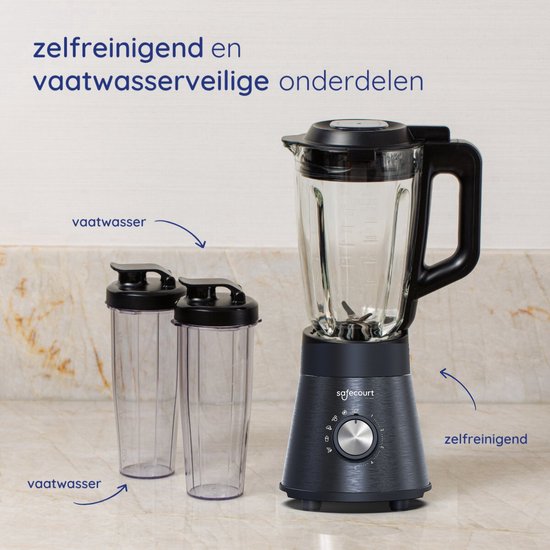 Safecourt Kitchen Power blender - 5 automatische programma's - Smoothie maker - 1000 Watt - Zwart