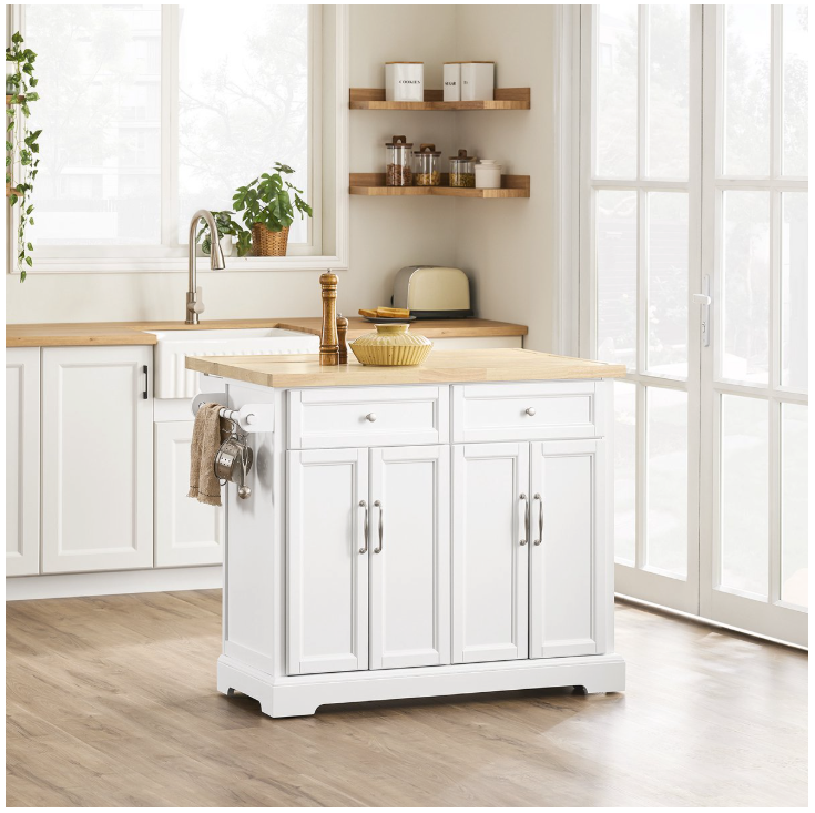 SoBuy – Keukeneiland & Keukentrolley FKW71-WN – 115x71x93 cm – Wit & Natuur Rubberwood – Uitbreidbaar Werkblad & Opbergkast – Verrijdbaar Keukenblok op Wielen – FKW71-WN