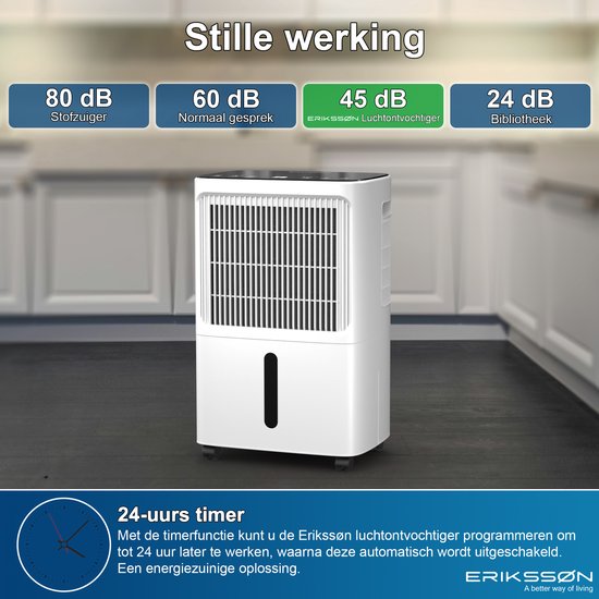 Erikssøn Luchtontvochtiger Dry Pro Plus - Ontvochtigt Tot 16 Liter Per Dag - Was-droog Functie - Geschikt Voor Huis, Slaapkamer , Badkamer , Woonkamer En Kelder - Dehumidifier - vochtvreters voor in huis - Wit