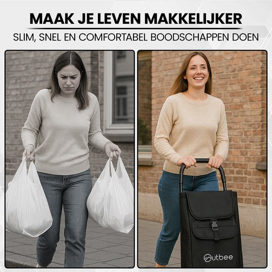 Outbee Boodschappentrolley - Opvouwbaar - Polyester - Met EVA wielen - Aluminium frame - Draagvermogen 45 kg - Zwart
