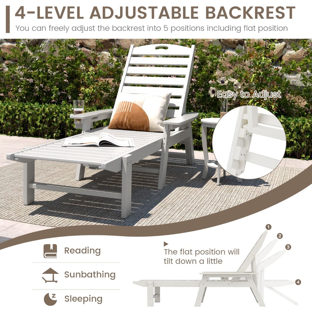 Coast Tuinligstoel - 4-voudig verstelbare rugleuning - draaibare bekerhouder - wit