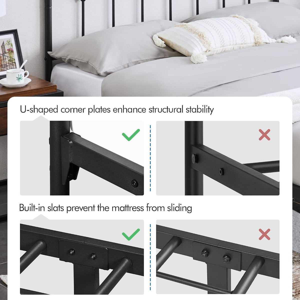 Yaheetech Metalen Bedframe - Klassiek Design - Met Lattenbodem - Draagvermogen 272 kg