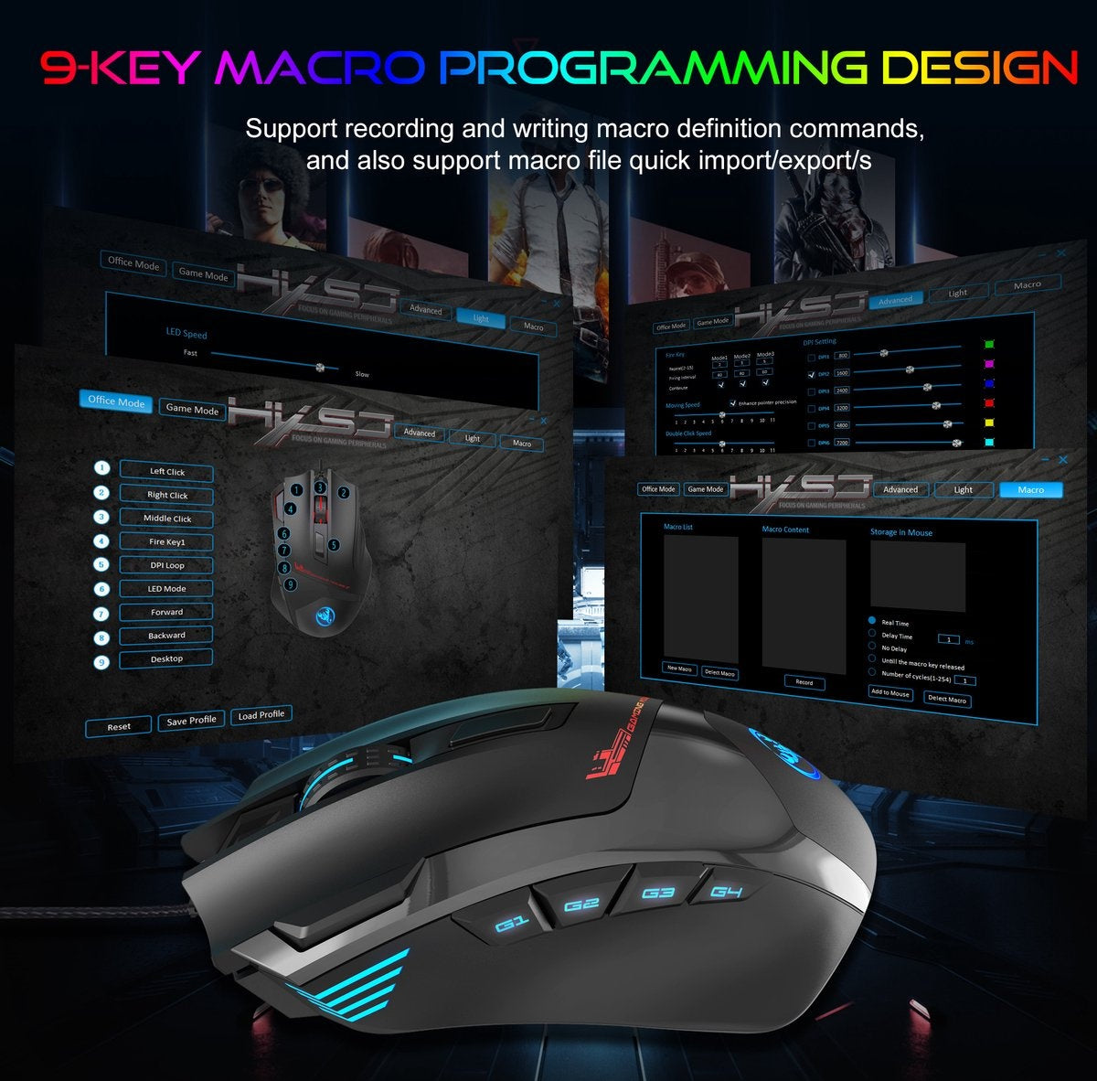 HXSJ S600 Pro Optisch Gaming Muis - Programmeerbaar - RGB licht - Ergonomisch - 7200DPI - Zwart