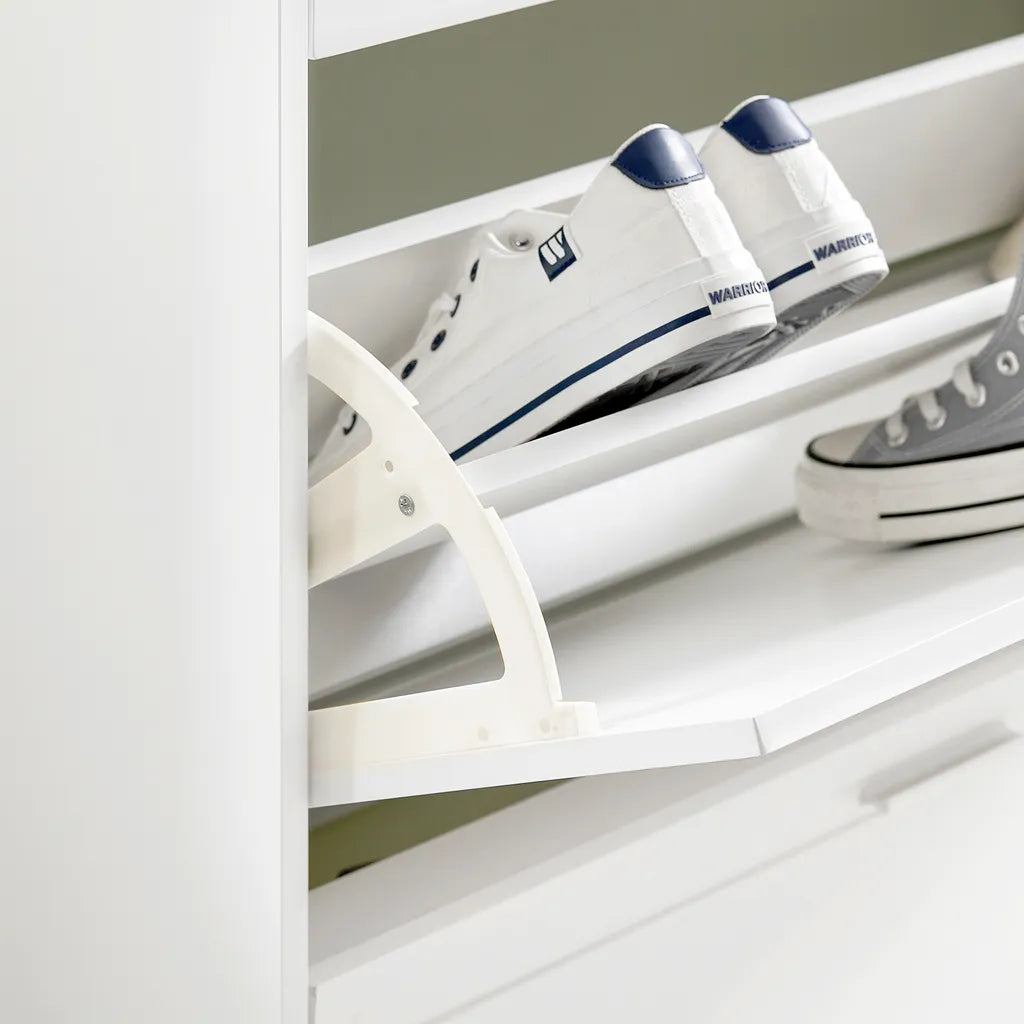 SoBuy Schoenenrek - Schoenen Opbergkast, Schoenencommode, met 2 Kleppen, 2 Lades, 1 Deur en 1 Open Compartiment- Max. 60kg - 102x96x24cm - Wit