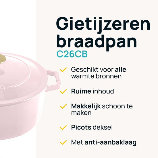 MOA Gietijzeren Braadpan - 5,7L - Voor Alle Warmtebronnen incl. Inductie - Met Deksel - Ø 26cm - Anti-Aanbaklaag - Lila