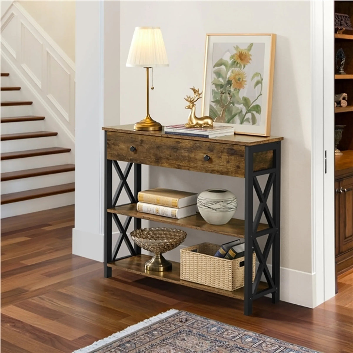Yaheetech Smalle consoletafel met lade en 2 planken - 80 x 29,5 x 81 cm - Roestbruin